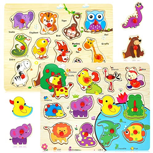 2 Stück Holzpuzzle Steckpuzzle ab 1 2 3 Jahre,Greifpuzzle Holzspielzeug,Montessori Lernspielzeug für Baby Kinder Junge Mädchen,mit Griffigen Holzknöpfen,Bauernhof,Dschungeltiere Motive Geschenke
