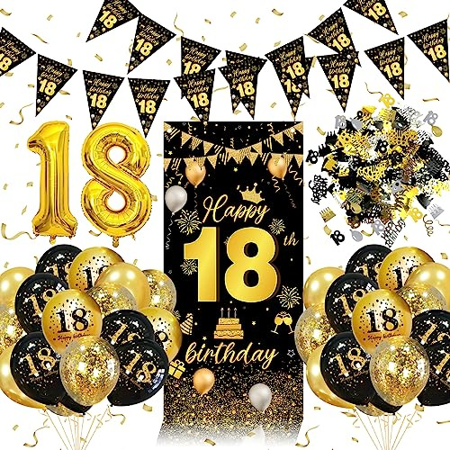 Décoration Anniversaire 18 ans, 18 Ans Décorations Anniversaire Noir Or, Deco anniversaire Bannières, Confettis, Deco 18 ans Ballon Toile Affiche Fond Photo pour Femme Homme
