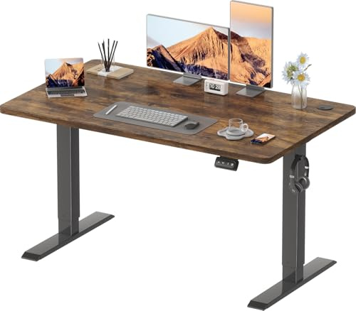 Devoko Electric Standing Desk 120x60cm Sit Stand Table Height Adjustable Desk with Backpack Hook and Memory Smart Panel, Home Office with Splice Board,Rustic Brown