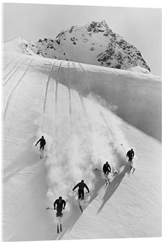 Posterlounge Abfahrtslauf in den Schweizer Alpen Acrylglasbild | 30 x 40 cm von Vintage Ski Collection Schwarz-Weiß Wandbilder Wanddeko