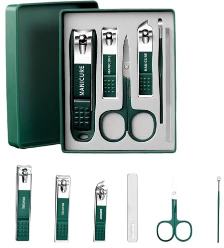 Dunkelgrünes, spritzwassergeschütztes Edelstahl-Nagelknipser-Set mit 6-teiligem Nagelknipser-Set, Nagelknipser-Reparaturwerkzeug (Nano-Glasfeile für glänzende Nägel, Doppelzweck-Reparatur+Ohrlöffel+