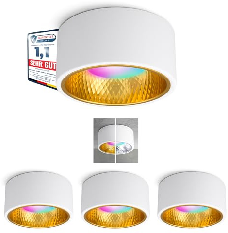 SSC-LUXon OLINO Aufbaustrahler weiß 4er Set Smart GX53 LED WLAN RGBW App | Vier Deckenspots mit wechselbarer Front gold & silber - per App & Sprache steuerbar, RGB-Farblicht, ohne Hub, fürs Wohnzimmer