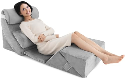 RELAX4LIFE 7PCS Bed Wedge Pillow Set, Adjustable Memory Foam Body Support Pillow with Washable Cover, Orthopedic Leg Elevation Incline Cushion for Acid Reflux, Pain Relief, Post Surgery (Grey)