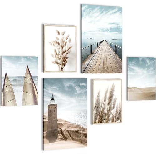 Novart Wandbilder Set Strand Meer Leuchtturm Blau Beige - KEIN EXTRA RAHMEN BENÖTIGT - Modern Deko - Wohnzimmer Schlafzimmer N007167a