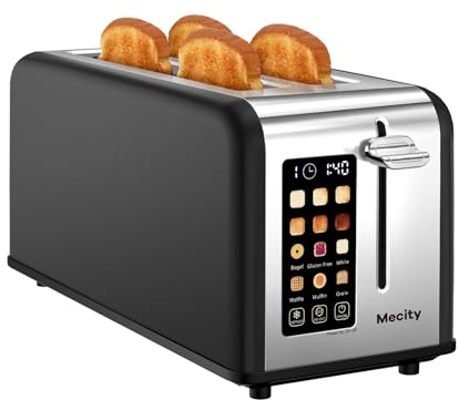 Mecity 4 Slice Toaster with Touchscreen Long Slot, Stainless Steel Smart Bread Toaster for Bagel Muffin Waffle Gluten Free Breads, Timer, Defrost, Reheat, 120V 1400W
