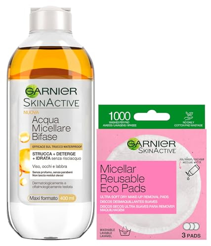 Garnier SkinActive zweiphasiges Mizellenwasser Make-up-Entferner für Gesicht Augen Lippen 400 ml + Eco Pads Mizellen Make-up-Entferner aus Mikrofaser, waschbar und wiederverwendbar, Packung mit 3 Pads