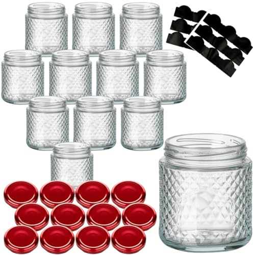 gouveo 12er Set Einmachglas 280 ml (0,28 l) Einmachglas 280 ml Kristall rund Twist-Off Schraubdeckel rot mit Etikettenfenster, Vorratsglas für Marmelade, Gewürze, Honig (EGK280R)