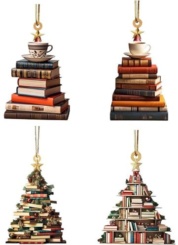 ZOUBAOQ Weihnachtsbaumschmuck, 2D-Bücher, gestapelt, Weihnachtsbaum-Form, Bücherregal-Anhänger, Lesebuch-Ornament, Bibliothekar-Familien-Ornament, 4 Stück