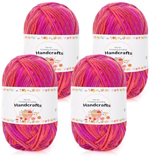 Aeelike 200 g (4 x 50 g) gradient amigurumi ull, 5 stycken bomull för virkning, virkning och stickgarn för stickning, virkning och hantverk, flerfärgat virkat garn bomullsset, lila röd