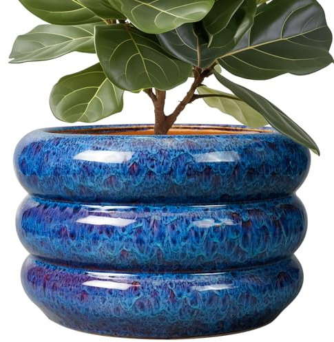 SQOWL Keramiktopf für Pflanzen, 34,9 cm, großer Pflanztopf für den Innen- und Außenbereich, mit Ablaufloch, runder Blumentopf, Mid-Century Pflanzgefäß für Terrasse, Outdoor-Dekoration, Blau