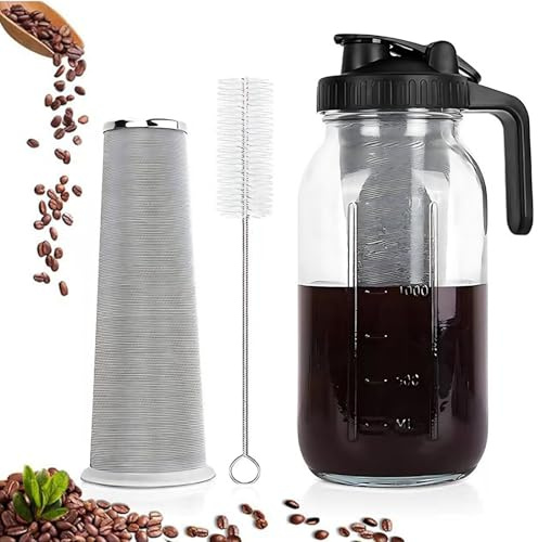LASIEYO Cold Brew Coffee Maker Jar, 2L Cold Brew Coffee Maker with Stainless Steel Filter for Iced Brew Coffee Ice Tea, Homemade Fruit Drinks Container, cold brew mason jar iced coffee maker