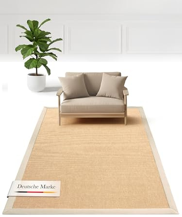 carpetfine Sisalteppich Naturfarbe 120x170 cm handgewebt mit Bordüre aus Baumwolle in Creme | Moderner Rutschfester Flachgewebeteppich Uni aus Naturfasern für Wohnzimmer, Schlafzimmer