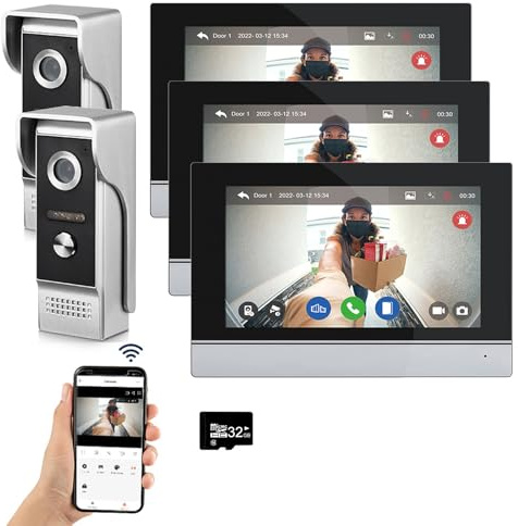 ANJIELO SMART Wired Video Intercom System Tuya WiFi 7 Inch Touch Screen 1080P Doorbell Camera Intelligent Tuya APP Intercom Kit with Motion Detection (2doorbell+3monitor)