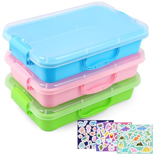 FIIOEOY 3 Pcs Sensory Bin Play Tray with Lid & 3 Stickers, Stackable Plastic Storage Containers, Portable Sandbox Toy, Organizers for Toys, Sand, Arts, Crafts (Blue, Green, Pink)