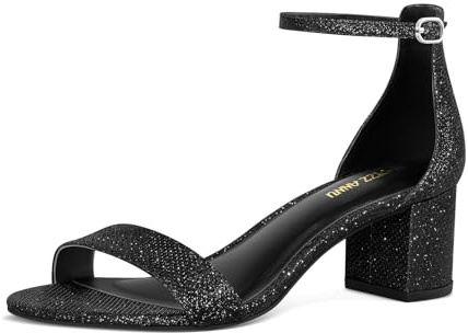 PIZZ ANNU Women's Low Block Heels 2 Inch Sandals Chunky Open Toe Ankle Strap Wedding Dress Pump Shoes For Women Brides Ladies, Black Glitter 9