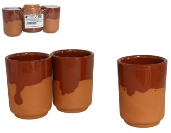 pcmoviles Vasos de Caña de Cerámica Antigua, Set de 3, Barro Artesanal, Diseño Bicolor Marrón