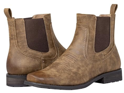 J's.o.l.e Chelsea Mens Cowboy Boots Square Toe Embroidered Western Fashion Ankle Brown Boots