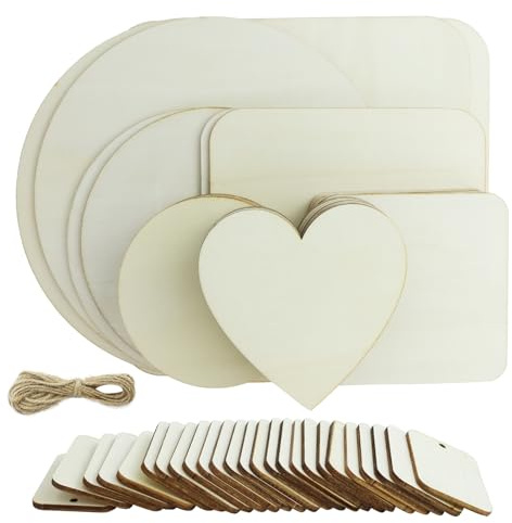 65 Stk. Unbehandeltes Holzplatte zum Basteln, Rund Quadratische Herzförmiger Holzscheiben Rohlinge, Brandmalerei Schreiben Beizen Holzplatte mit Schnur für DIY Handwerk