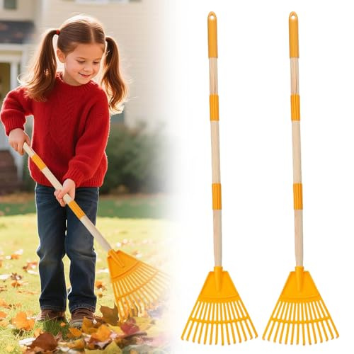 Lot de 2 râteaux de jardin en plastique amovibles et robustes pour l'agriculture, le jardinage à la maison, les parterres de fleurs, les enfants, les arbustes (jaune)