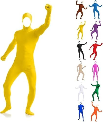 Generisch Conjunto de cuerpo completo unisex para mujer y hombre – Traje de Halloween y carnaval, Bodysuit de Slenderman naranja, Cosplay de segunda piel con cara abierta, mono para adultos, amarillo