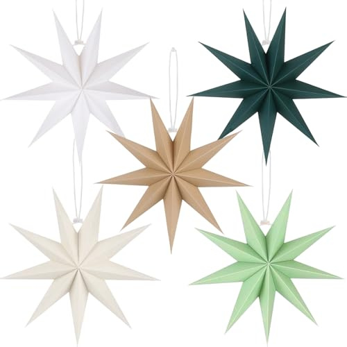5 stycken pappersstjärnor jul, 30 cm papper vikbara stjärnor, 9 spetsar vikbara stjärnor, hängande pappersstjärna dekoration, för juldekoration, bordsdekoration, bröllop, rum, födelsedag (4 blandade