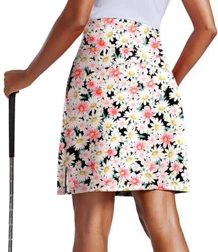 PINSPARK Skirts for Women 20 Knee Length Golf Skorts Lightweight Athletic Skirt with Pockets Modest Tennis Split Skort,Pink Floral XL
