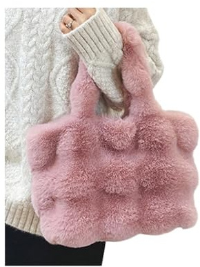 TYNXK Fluffig tygväska fluffig axelväska för kvinnor höst vinter mångsidig tygväska hink enfärgad mjuk plysch damhandväskor, Rosa, En storlek