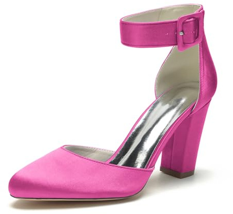 HFWXYSA Donna Décolleté con Tacco Largo Cinturino alla Caviglia Punta Tonda Scarpe da Sposa in Raso,Fuchsia,42 EU