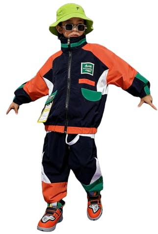 LOLANTA Kpop Outfits for Girls Boys 80s 90s Tracksuit Unisex Kids Dance Clothes Oversized Color Block Jacket Pants 2 Piece Set(Orange,12)