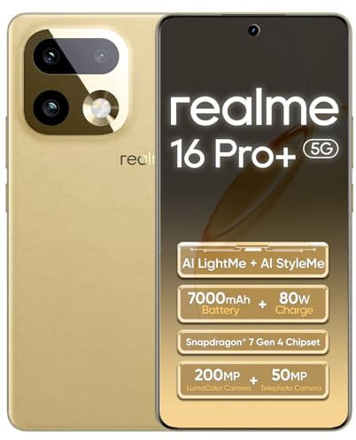 realme 16 Pro+ 5G Smartphone 12+512GB,Master Gold,6,8'' AMOLED 144Hz,Charge 80W Ultra Rapide,Batterie 7000mAh,Triple Caméra 200MP,Snapdragon 7 Gen4,Caméra Frontale 50MP,Corning Gorilla Glass 7i,IP69