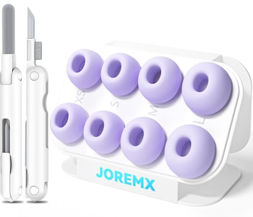 joremx 4 Paar Ersatz-Ohrstöpsel für AirPods Pro 2 Aufsätze,Silikontips für Air Pods Pro 1st/2nd,mit Loch zur Geräuschreduzierung und Staubdichtes Netz,mit Reinigungsset&Aufnahmeboxr(XS/S/M/L-Violett)