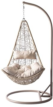 Mirjan24 Hängesessel Boho mit Gestell und Kissen (Beige/Beige) | Hängestuhl aus Technorattan mit Stahlgestell, wetterfestem Kissen und 110 kg Tragkraft, für Garten, Balkon und Terrasse