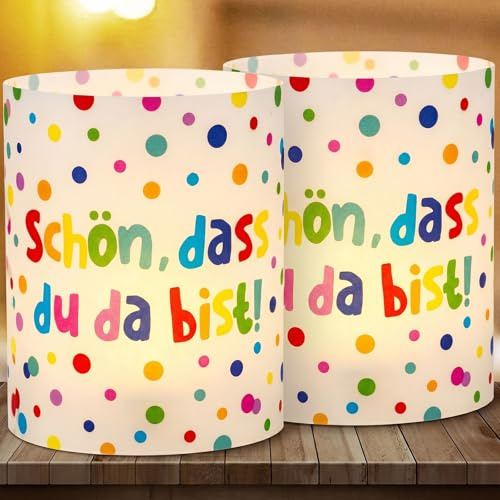 COMOOKA 12x Schön DASS du da bist Windlichter Tischdeko Geburtstag Bunt | Lichthülle mit Bunten Punkten Design, Tischdeko für Taufe, Kindergeburtstag, Einschulung, Babyparty uvm.