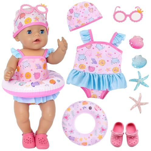 Babydocka baddräkt för 35–43 cm dockor, söta dockkläder med simkjol, badmössa, simring, skor, solglasögon och snäcksjöar, 9 stycken för 14–17 tums dockor, fodral för flickor