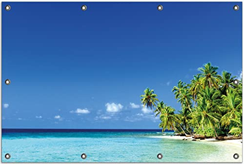 Wallario Outdoor-Poster für Garten oder Balkon Blauer Himmel weißer Strand Palmen und das tiefblaue Meer, Motivbanner Größe: ca. 80 x 120 cm, Outdoor-Bild