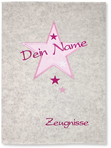 Goldi-Design Zeugnismappe Stern weiß/rosa personalisiert mit Namen 100% Wollfilzumschlag und Sichtbuch DIN A4 mit 20 Hüllen