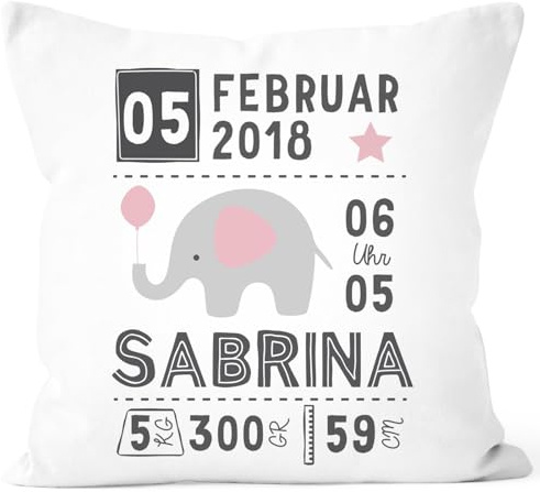 SpecialMe® personalisierbares Kissen zur Geburt Elefant, Geburtskissen Jungen Mädchen, Namenskissen Geschenk Geburt, Kissen-Bezug ohne Füllung Weiss Unisize