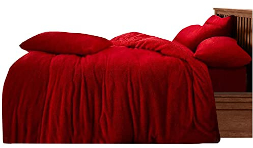 GC GAVENO CAVAILIA Teddy Duvet Set Super King Red, Super Soft Fluffy Luxury Design, Cosy Warm Bedding, 3 Piece Cuddly Fleece Quilt Cover with Matching Pillowcases
