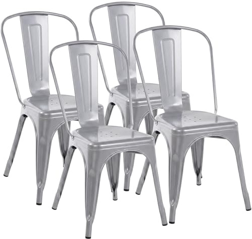 CLP Stapelstühle 4er Set Metall mit Lehnen Benedikt, Bistrostühle stapelbar für Gastronomie und Küche, Design-Stühle robust belastbar bis 200 kg Farbe Silber