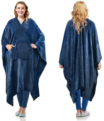 Catalonia Classy Poncho Decke Bequeme Plüsch Fleece Tragbare Decke für Erwachsene Frauen Männer Kinder Überwurfbezug zu Hause oder im Freien, 200 x 140 cm, Marine