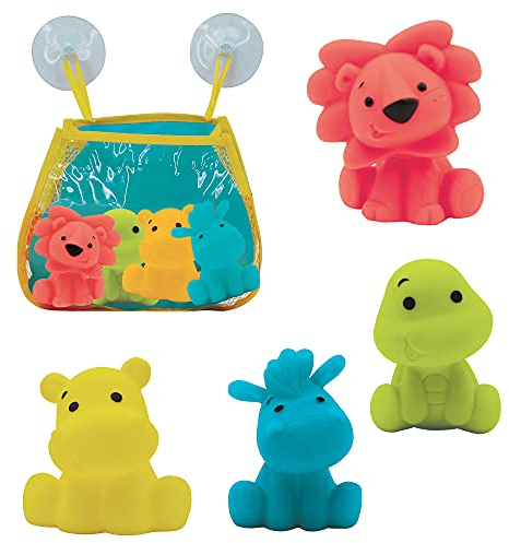 LUDI - 4 Aspergeurs de Bain + 1 Filet de Rangement - 4 Animaux Arroseurs pour Jouer dans Le Bain ou à la Plage - Jouets de Bain pour Bébé en Plastique Souple - À Partir de 10 Mois