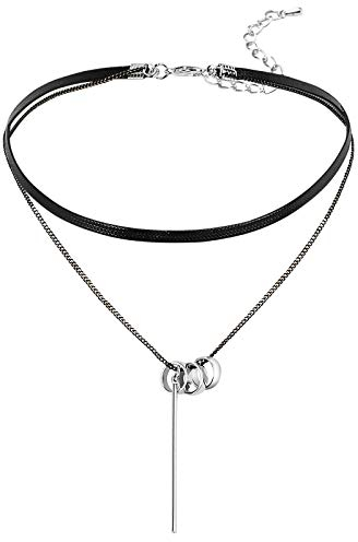 Gualiy Choker Kropfband Einstellbar Halskette Gliederkette Leder DREI O-Ring Streifen Form Anhänger Gothic Halsband Silber Schwarz mit Zirkonia, 35.2+6.5 cm