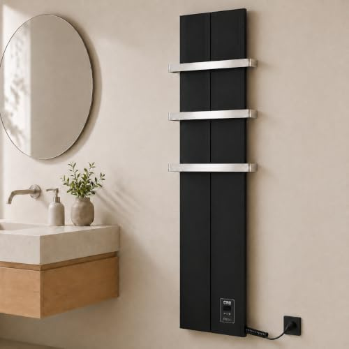 Finesa-D Badheizkörper elektrisch mit Thermostat 1500×408 mm | 1200 W – Flacher Paneel Design Handtuchheizkörper – Schwarz – energiesparend – 5 Jahre Garantie