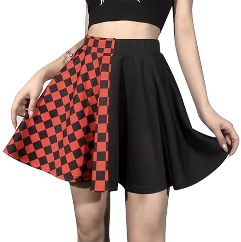 Damen Punk Minirock Kariert Patchwork Rock Vintage JK Gothic Stil Hohe Taille Harajuku Grunge Y2K Röcke, kariert rot, XL