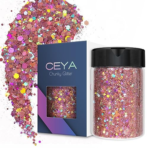 Ceya Glitter olografico grosso, 120 g rosa malva Craft Glitter polvere mista a fiocchi fini iridescenti per nail art, capelli, resina epossidica, bicchieri, slime, pittura, decorazioni per festival