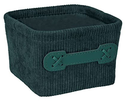 WENKO Badkorb Anela Square, Aufbewahrungskorb in Cord-Design zum Verstauen und Ordnen von Badutensilien und Accessoires aus 100% Polyester, Griff aus Kunstleder, 14 x 9 x 14 cm, Dunkelgrün