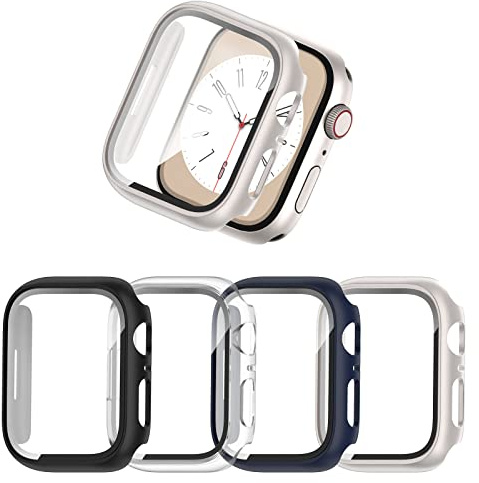 JZK 4-Stück Schutzhülle für Apple Watch SE 2/SE/6/5/4 40mm, Hart PC Rundum Ultradünne Gehäuse Hülle Eingebaut Kratzfest Gehärtetes Glas Schutzfolie für iWatch 40mm, Schwarz/Klar/Blau/Sternlicht