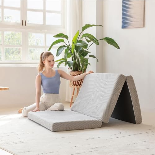 MLILY Tri-Fold Memory Foam Topper, 4 inch Twin Folding Mattress Topper with Collapsible and Washable Cover, Travel and Guest Mat, 75×38×4, Grey
