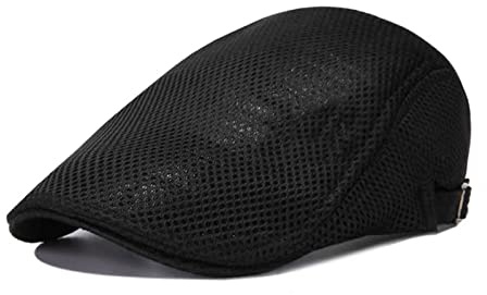 Gorra Plana de Malla Ajustable para Hombre de Verano - Gorro de Periódicos, Boina de Poliéster Transpirable, Sombrero 55-60 cm (Negro)