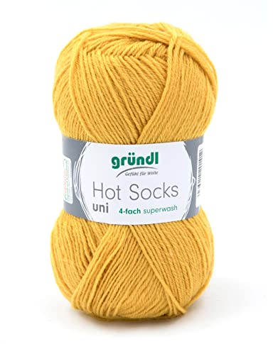Sockenwolle 4fädig uni gelb 50g | Gründl Hot Socks 4-fädig einfarbig | Strumpfwolle Sockengarn (4ply, 4fach) | 75% Wolle 25% Polyamid | für Socken stricken und häkeln (69 - curry)